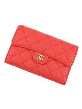 Chanel Trifold Wallet Quilted CC Logo Flap Caviar Leather